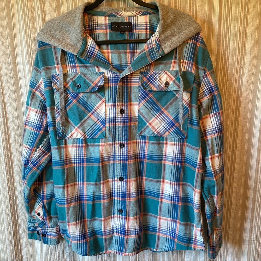 No Boundaries Teal Plaid Hooded Flannel Shirt